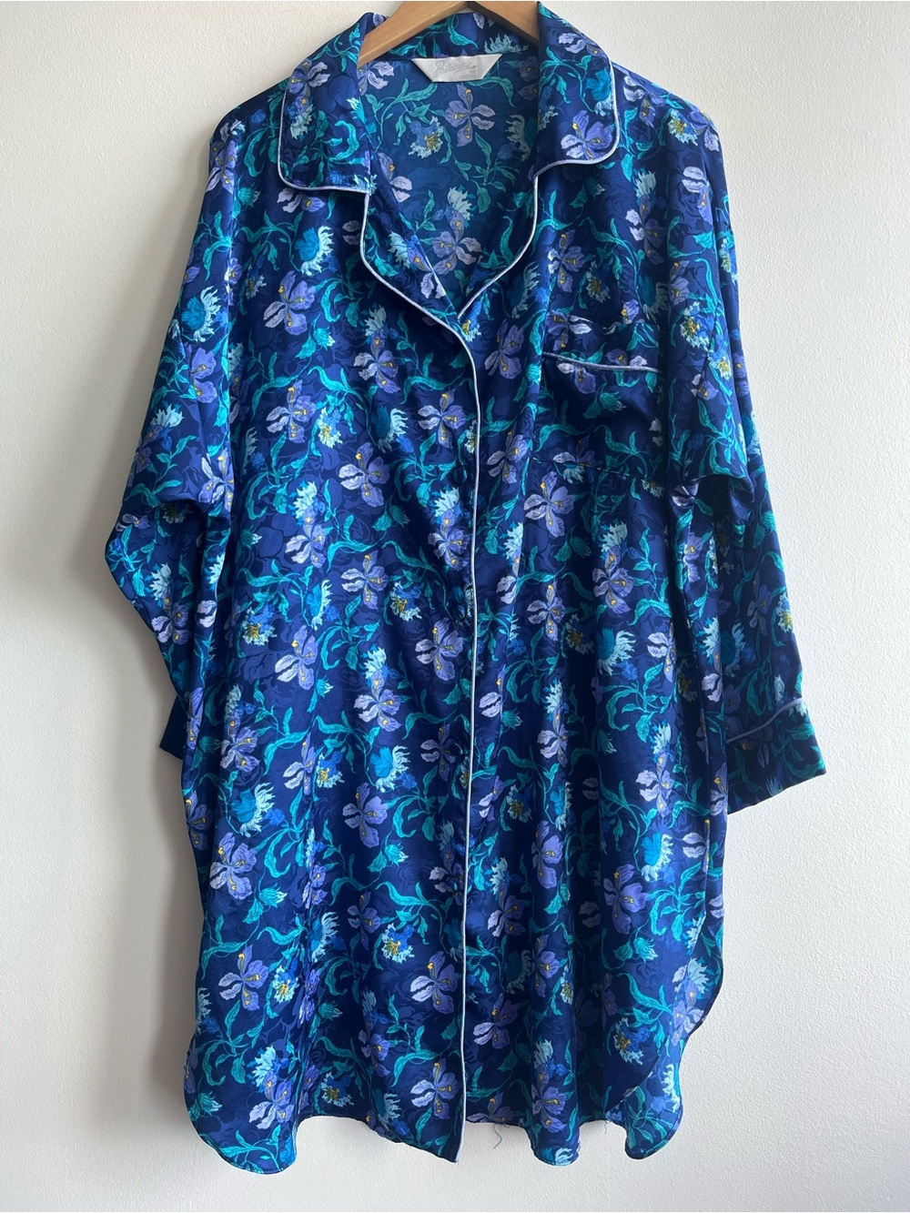 Vintage Blue Floral Satin Nightgown Lingerie Nap Dress Grannycore Sz L-2XL